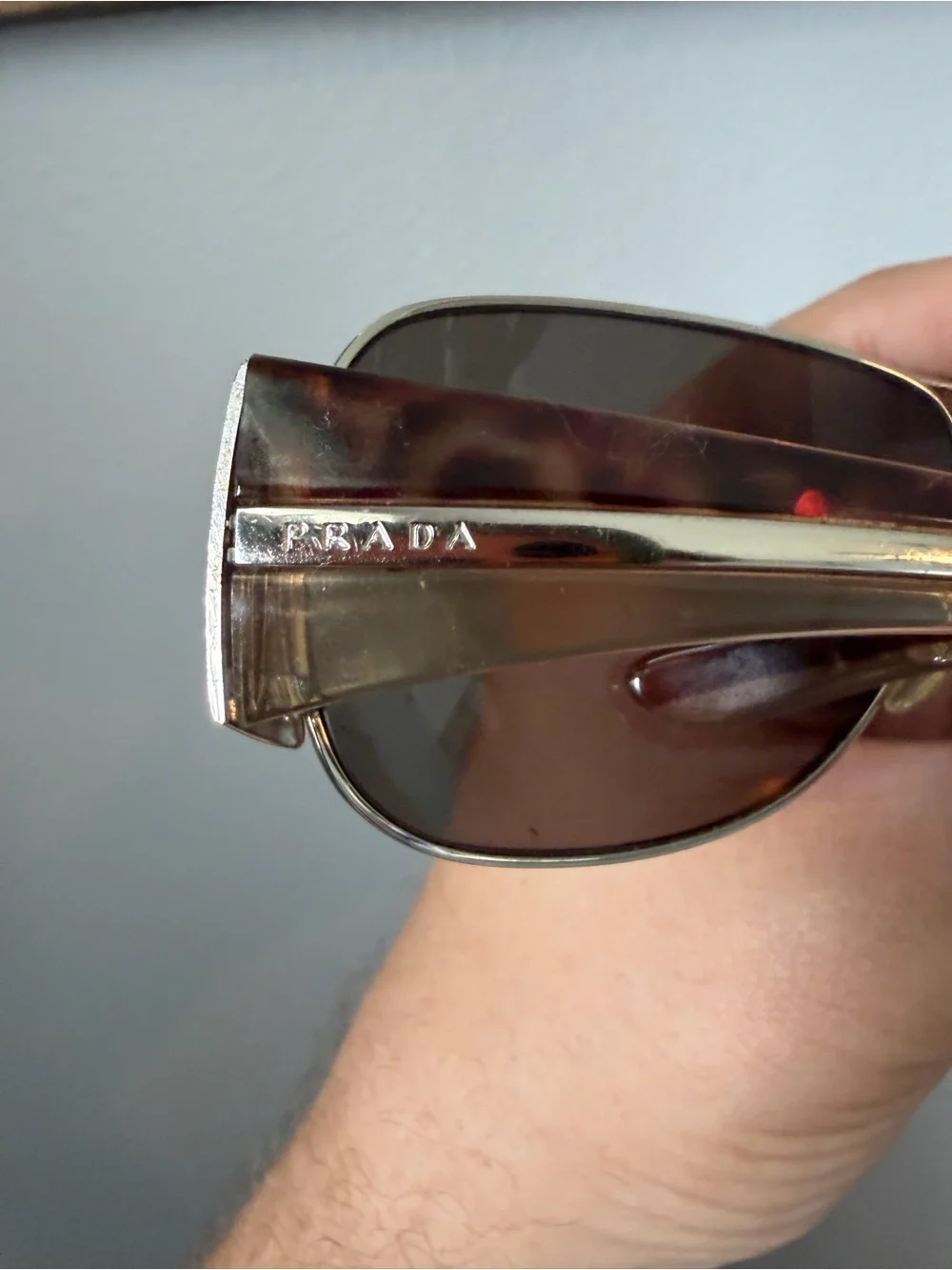 VTG Prada SPR 75G Shield Aviator Sunglasses Silver Brown Tortoise Made In Italy